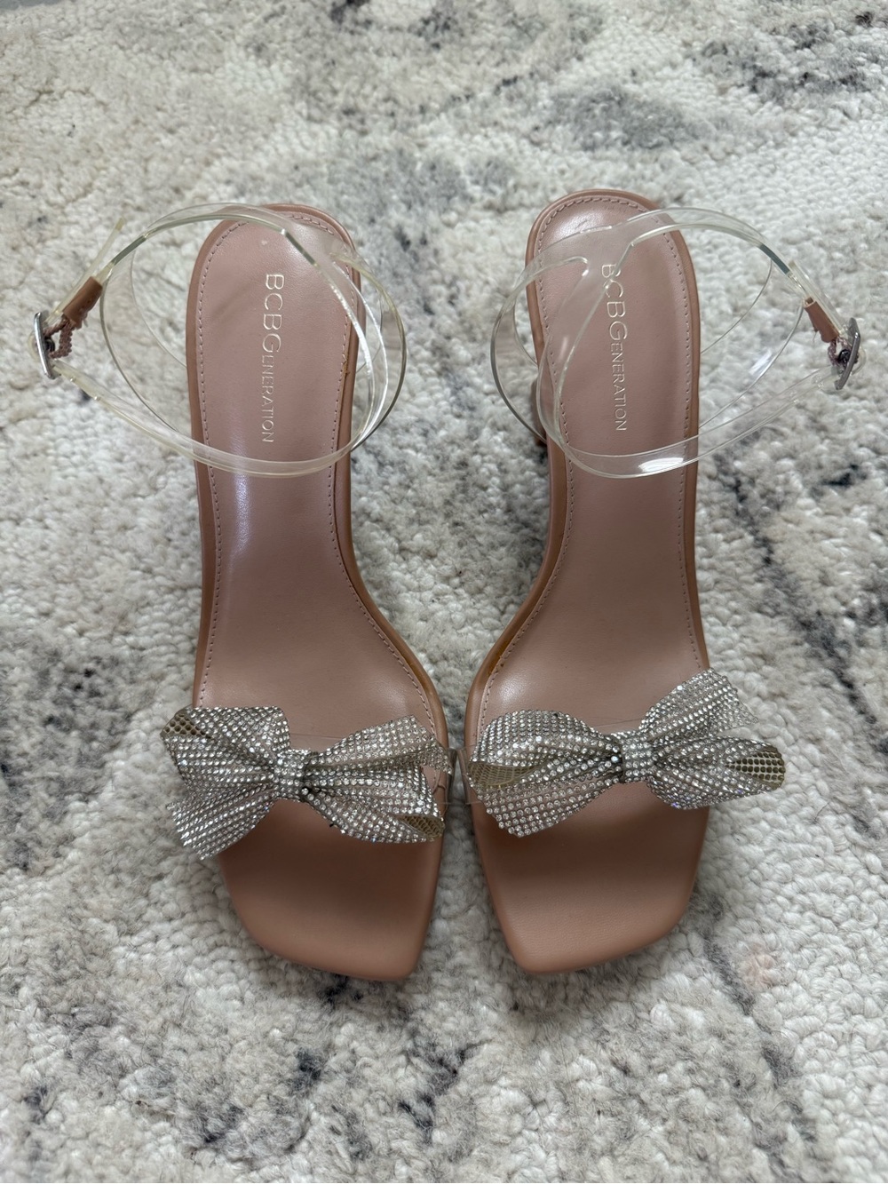BCBGeneration Nude Sandals with Crystal Bow and Clear Ankle Strap